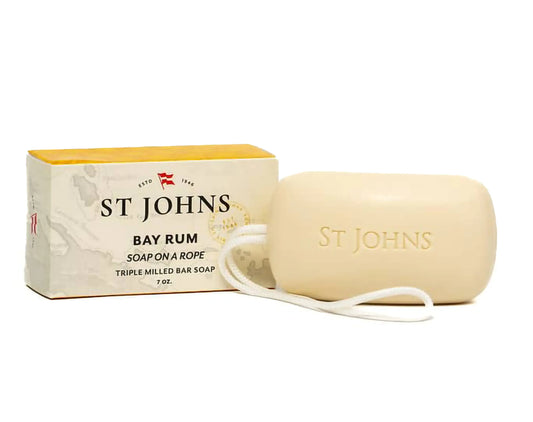 St. John Bay Rum Soap On A Rope | USA Made Triple-milled Mens Soap Bar | Hydrating Bar Soap for Men with Olive Oil & Glycerine | Luxury Body Soap Bar for men | (7 oz Bar)