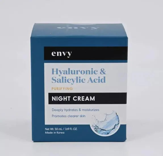 ENVY Hyaluronic & Salicylic Acid Purifying Night Cream - Deeply Hydrates & Moisturizes - Promotes Clearer Skin - Cruelty Free Korean Skin Care For All Skin Types - 1.69 Fl. oz